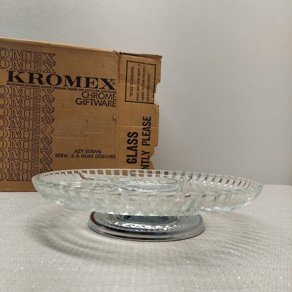 Vintage Kromex Lazy Susan‎ Chrome Glass Divided Appetizer Tray Service